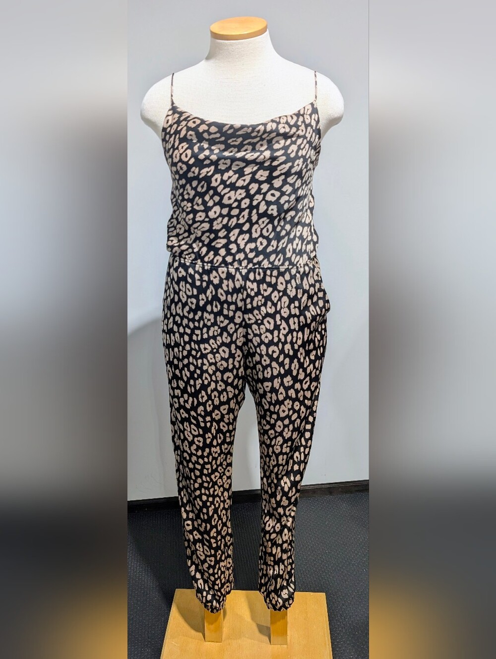 Tyche Leopard-Print Wide-Leg Satin Jumpsuit in Black & Tan